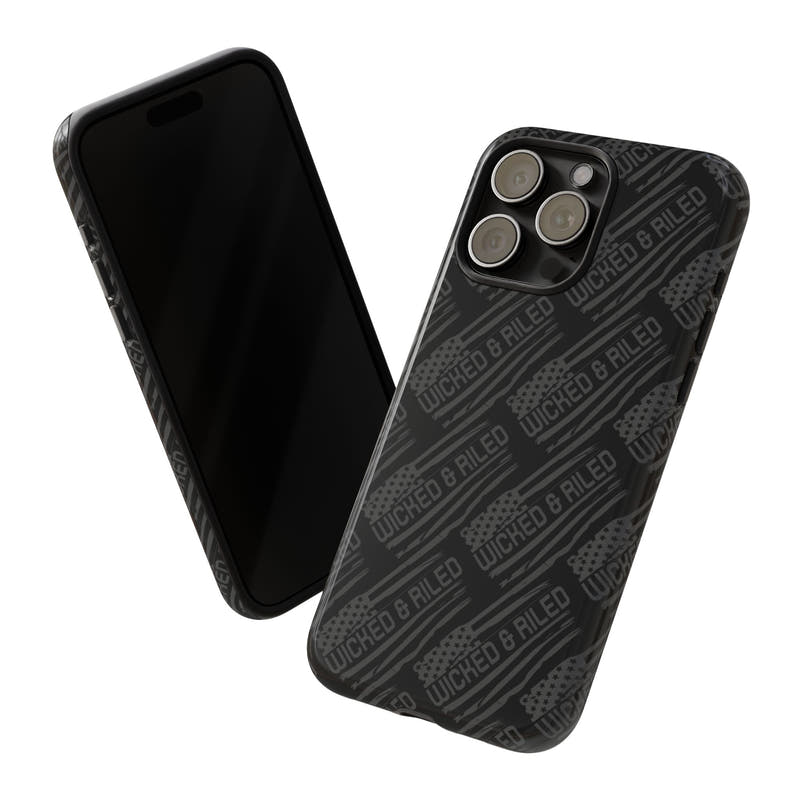 Rugged black protective phone case with "TOUGH CASES" text pattern by Printify, showcasing durability and design.