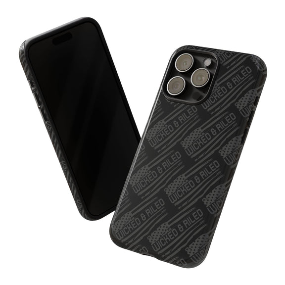 Rugged black protective phone case with "TOUGH CASES" text pattern by Printify, showcasing durability and design.