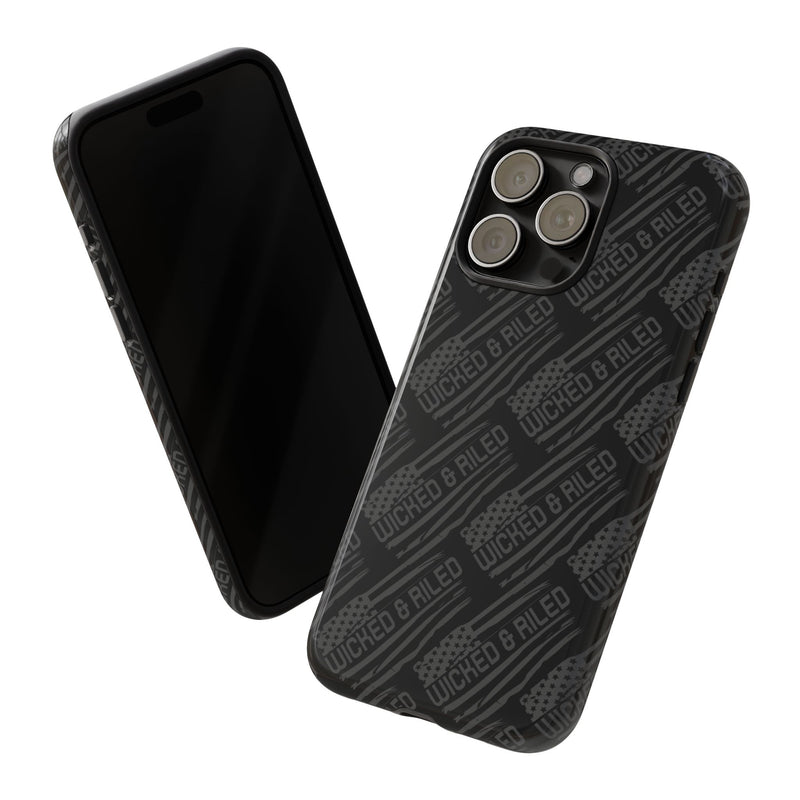 Rugged black protective phone case with "TOUGH CASES" text pattern by Printify, showcasing durability and design.