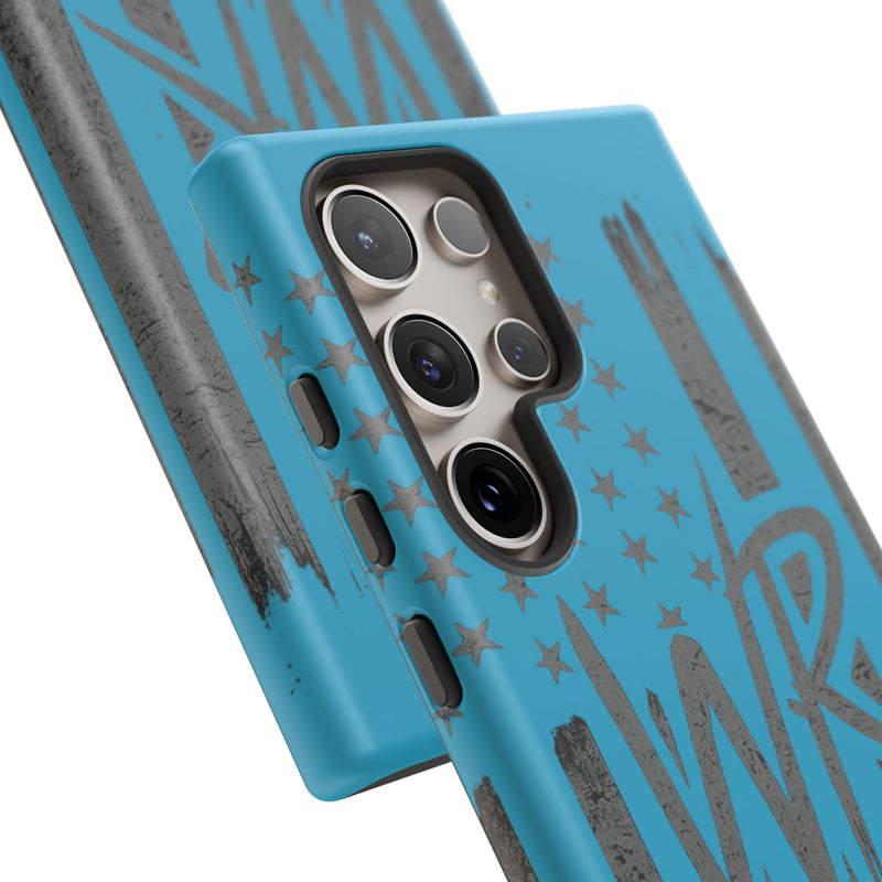 Patriotic blue 'WR' flag tough phone case by Printify showcasing a durable design with vibrant colors and bold graphics.
