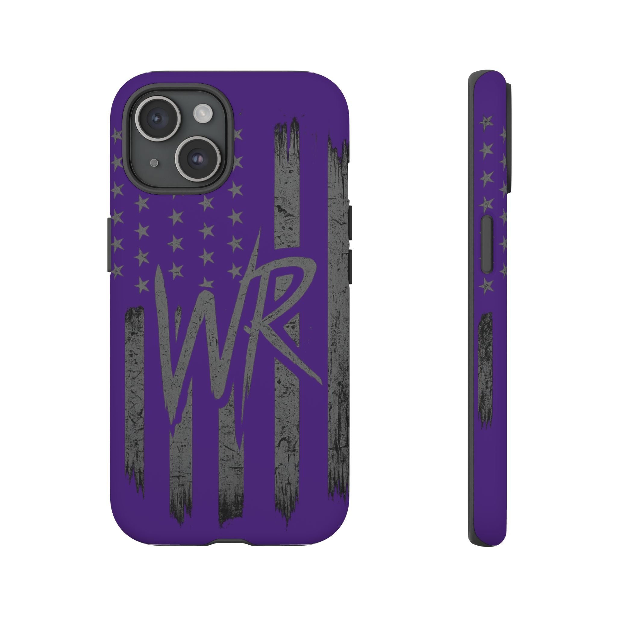 Purple 'WR' flag tough phone case by Printify featuring a durable design and vibrant colors for protection.
