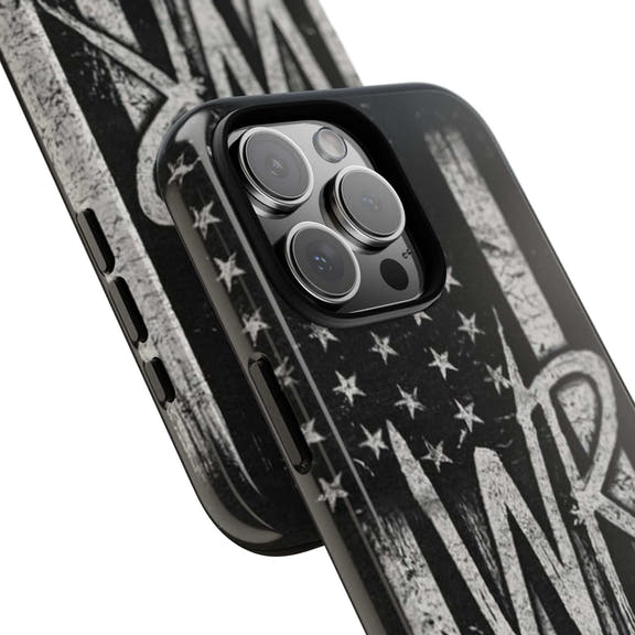 Distressed American flag design on a Patriotic Monogram Tough Phone Case featuring WR by Printify.