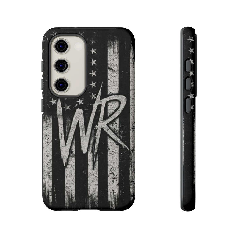 Patriotic monogram tough phone case featuring a distressed American flag design with the initials WR.