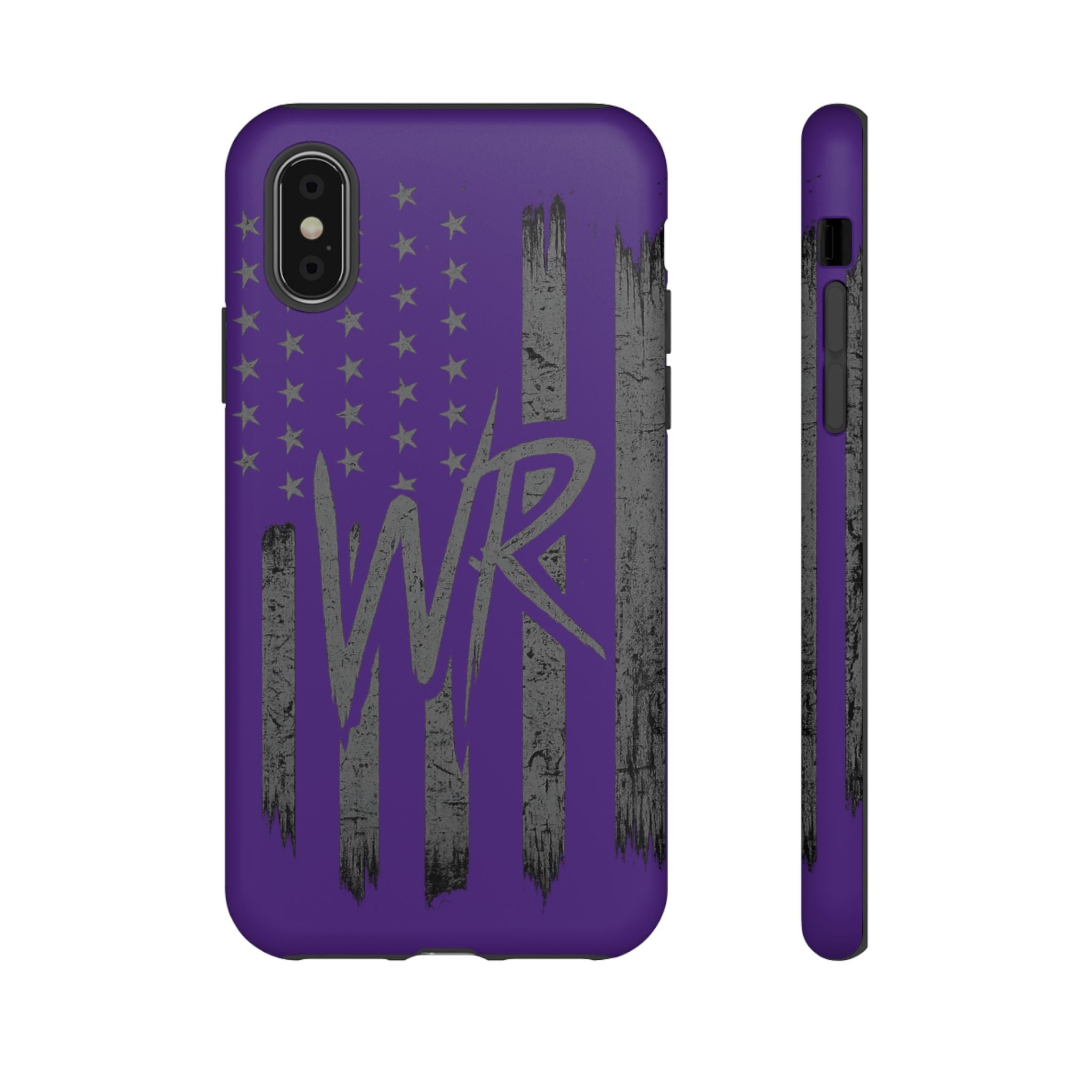 Purple 'WR' flag tough phone case by Printify, showcasing a durable design with vibrant colors and precise cutouts.
