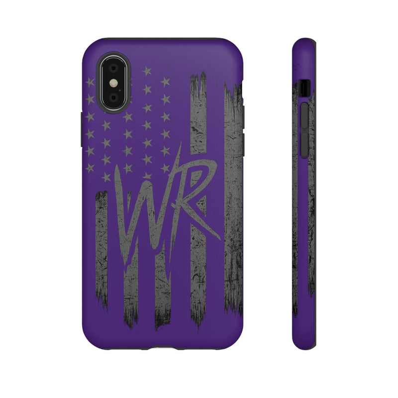 Purple 'WR' flag tough phone case by Printify, showcasing a durable design with vibrant colors and precise cutouts.