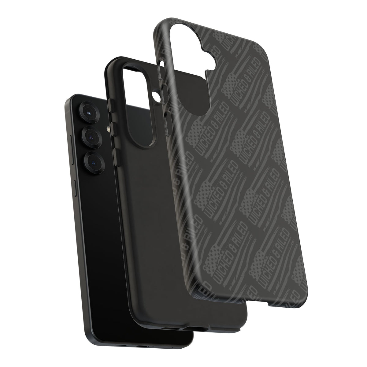 Rugged black protective phone case by Printify featuring a textured "TOUGH CASES" pattern for enhanced grip and durability.