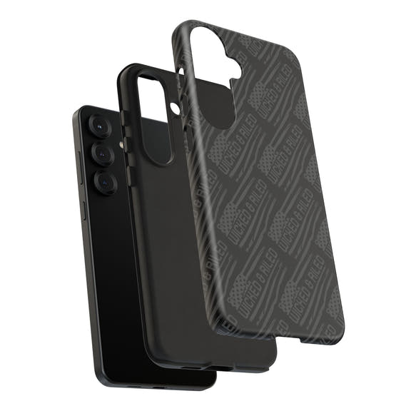 Rugged black protective phone case by Printify featuring a textured "TOUGH CASES" pattern for enhanced grip and durability.