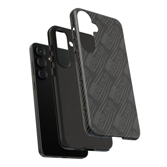 Rugged black protective phone case by Printify featuring a textured "TOUGH CASES" pattern for enhanced grip and durability.