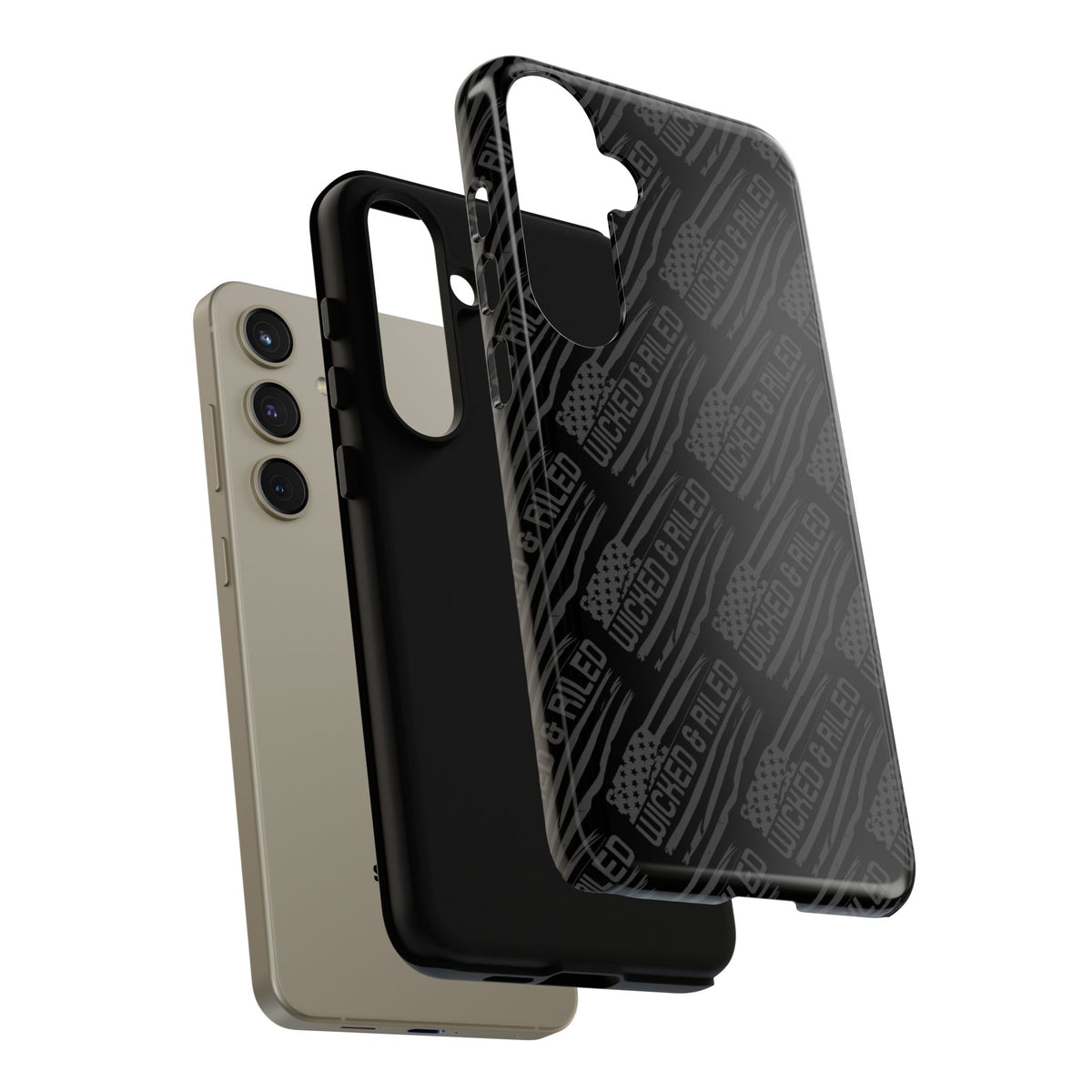 Rugged black protective phone case by Printify featuring a textured "TOUGH CASES" pattern.