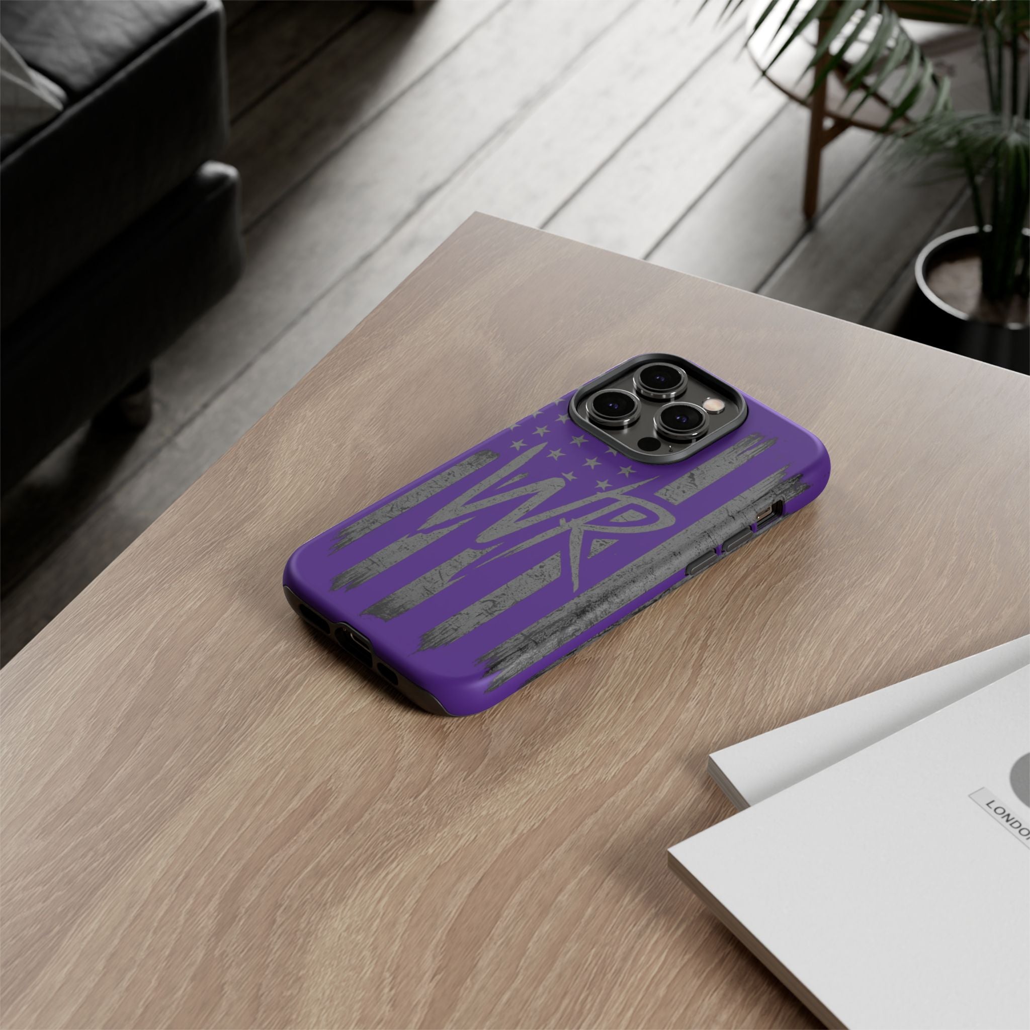 Purple 'WR' Flag Tough Phone Case by Printify with a durable design and vibrant flag graphic.