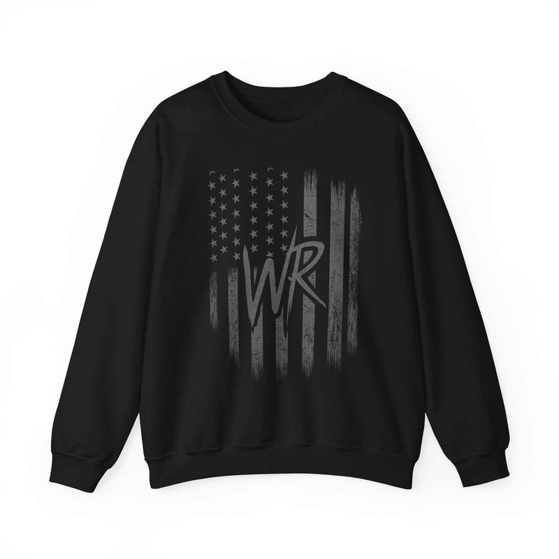 Distressed American flag crewneck sweatshirt with WR monogram by Printify, featuring a patriotic pullover design.
