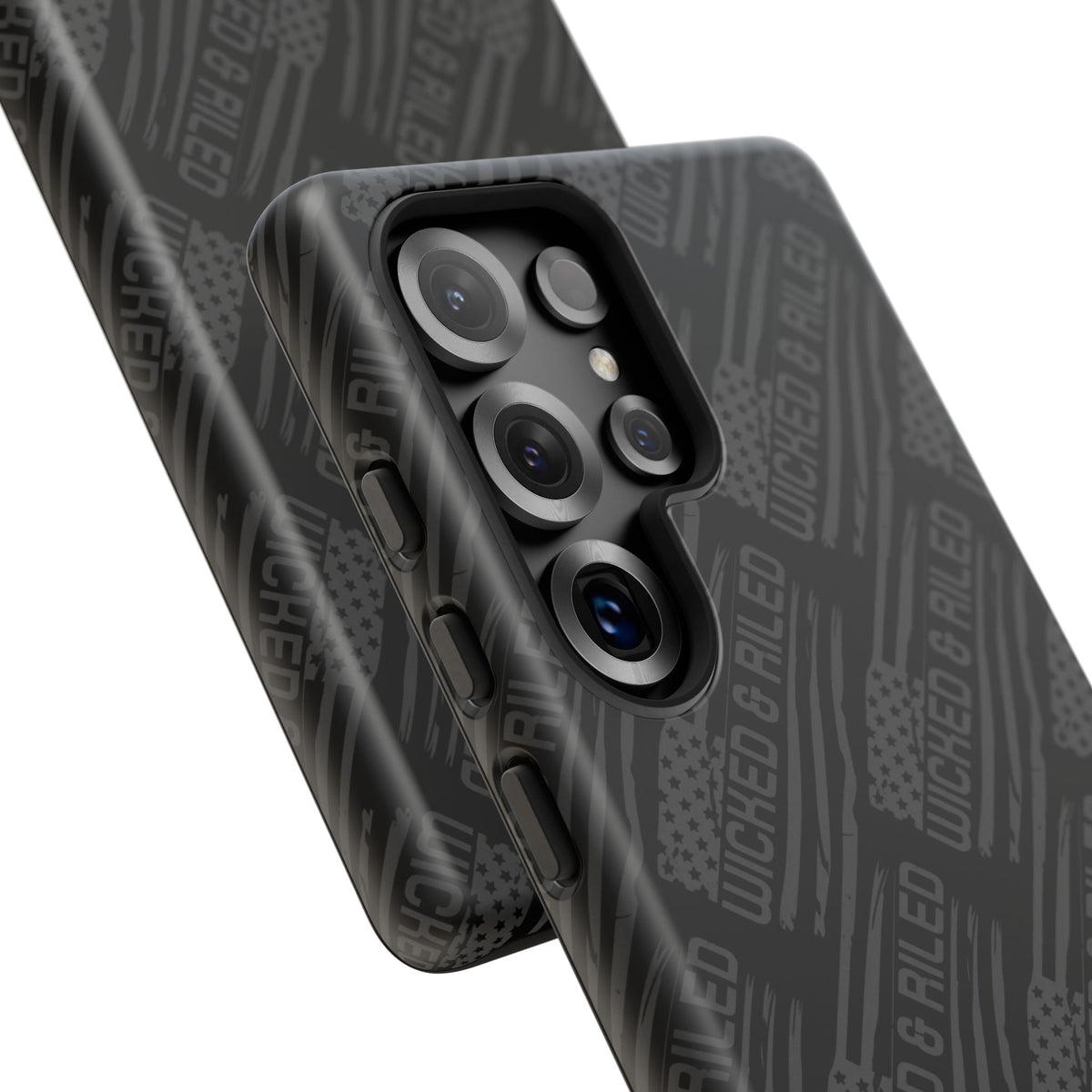 Rugged black protective phone case by Printify featuring a textured 'TOUGH CASES' pattern for enhanced grip.