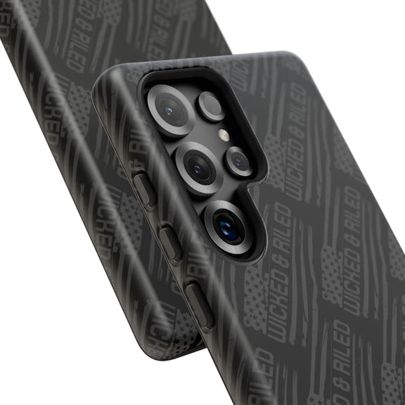 Rugged black protective phone case by Printify featuring a textured 'TOUGH CASES' pattern for enhanced grip.
