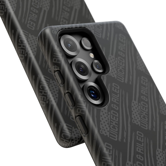 Rugged black protective phone case by Printify featuring a textured 'TOUGH CASES' pattern for enhanced grip.
