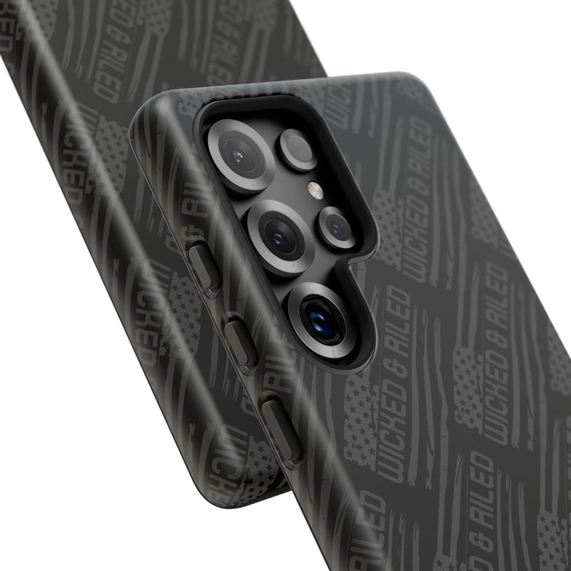 Rugged black protective phone case by Printify featuring a textured 'TOUGH CASES' pattern for enhanced grip.