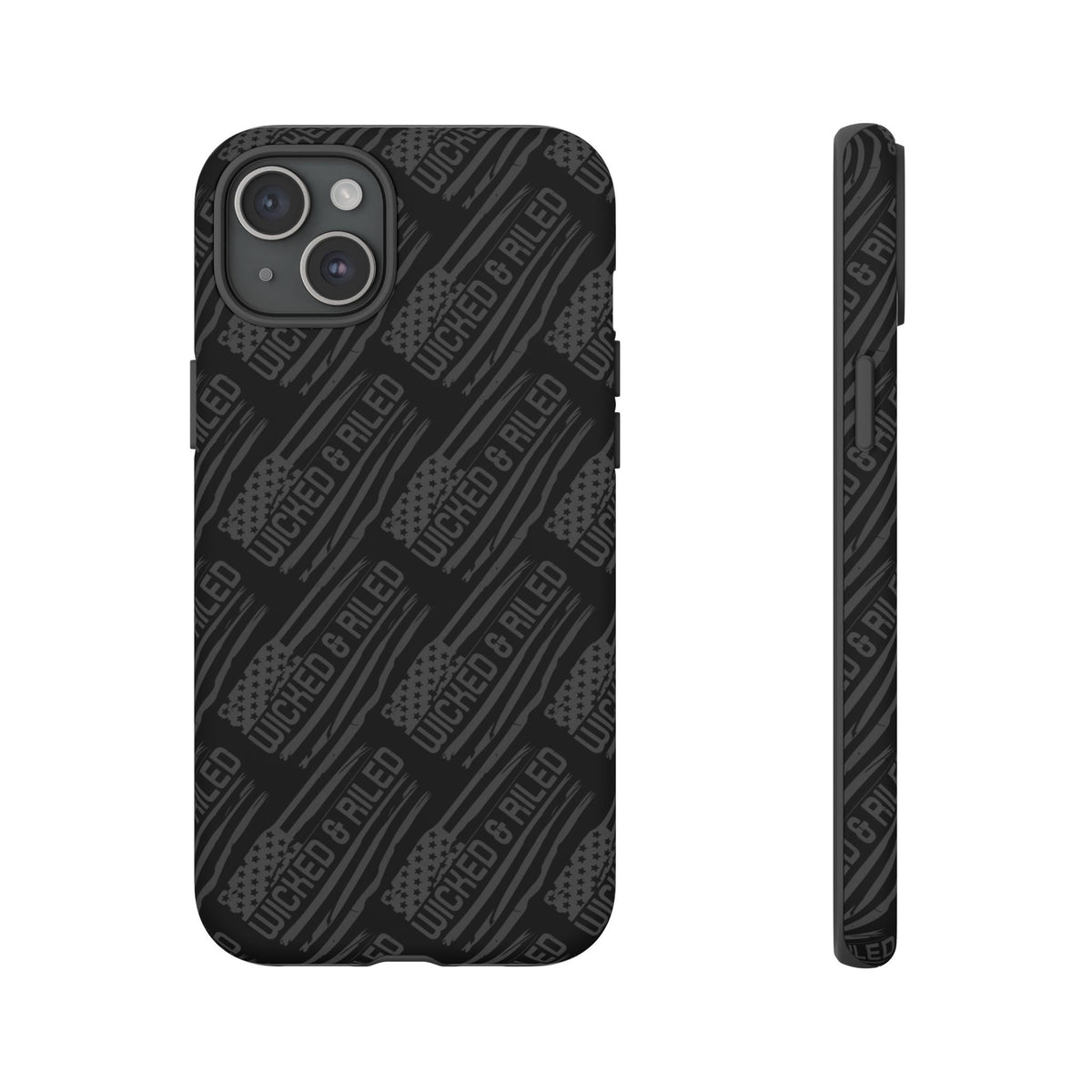 Rugged black protective phone case by Printify featuring a textured "TOUGH CASES" pattern for added grip.