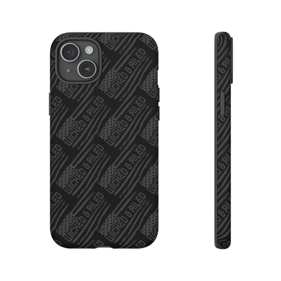 Rugged black protective phone case by Printify featuring a textured "TOUGH CASES" pattern for added grip.