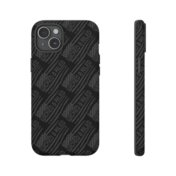 Rugged black protective phone case by Printify featuring a textured "TOUGH CASES" pattern for added grip.
