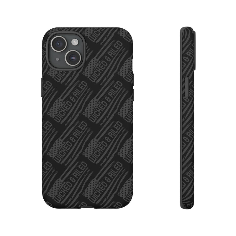 Rugged black protective phone case by Printify featuring a textured "TOUGH CASES" pattern for added grip.