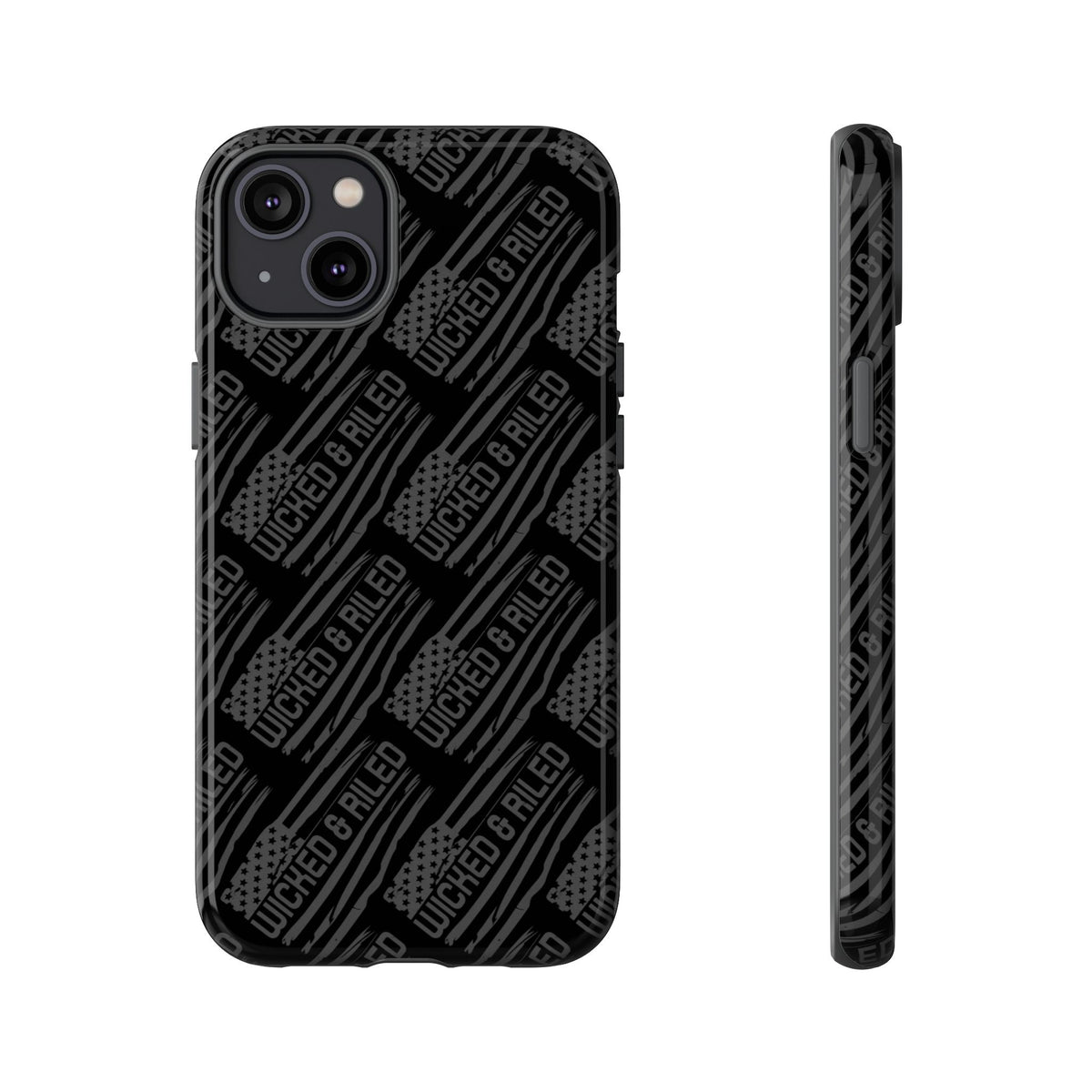 Rugged black protective phone case from Printify with a textured "TOUGH CASES" pattern design.