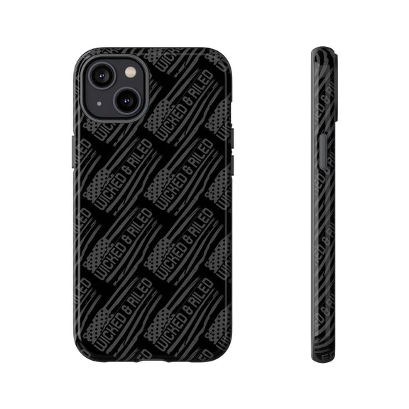 Rugged black protective phone case from Printify with a textured "TOUGH CASES" pattern design.
