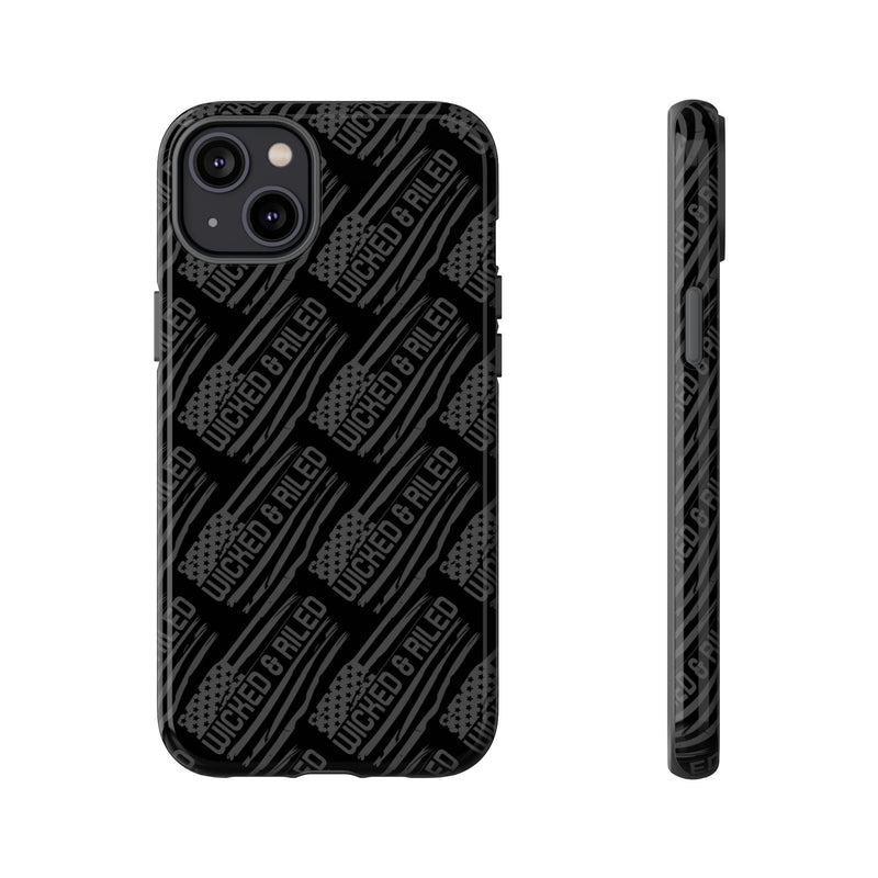 Rugged black protective phone case from Printify with a textured "TOUGH CASES" pattern design.