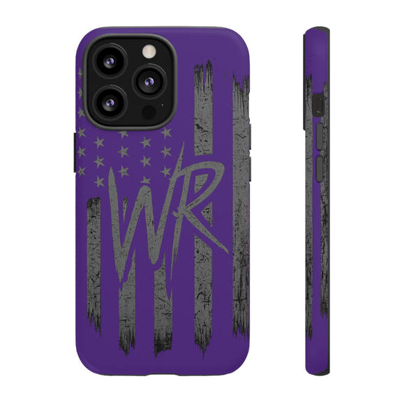 Purple 'WR' flag tough phone case by Printify, showcasing durable design and vibrant colors for protection and style.