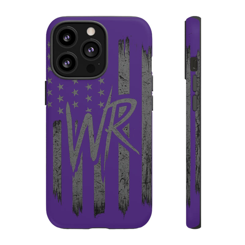 Purple 'WR' flag tough phone case by Printify, showcasing durable design and vibrant colors for protection and style.