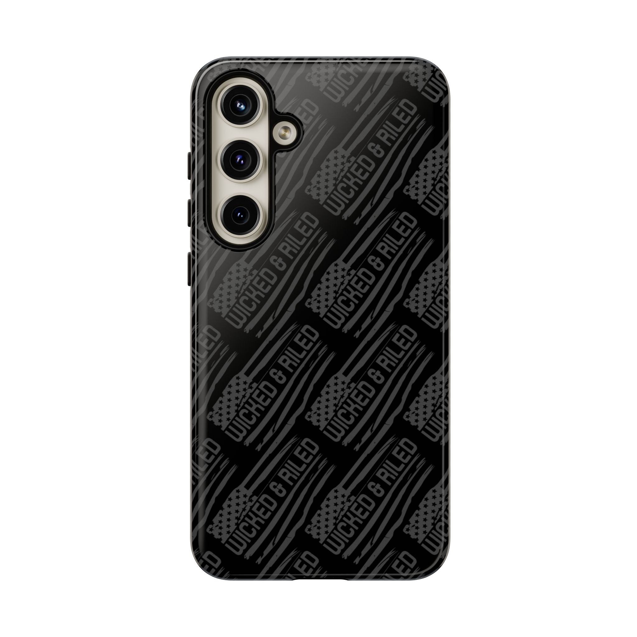 Rugged black protective phone case by Printify featuring a textured TOUGH CASES pattern for enhanced grip and durability.