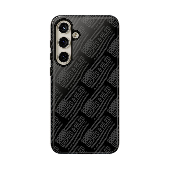 Rugged black protective phone case by Printify featuring a textured TOUGH CASES pattern for enhanced grip and durability.