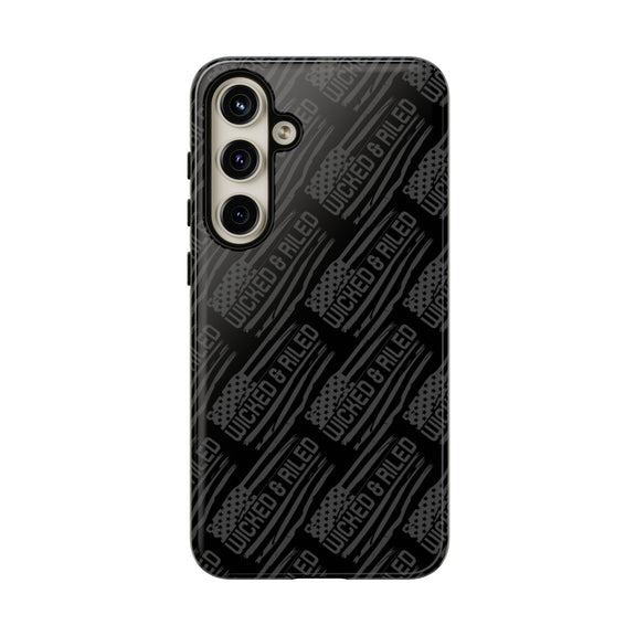 Rugged black protective phone case by Printify featuring a textured TOUGH CASES pattern for enhanced grip and durability.