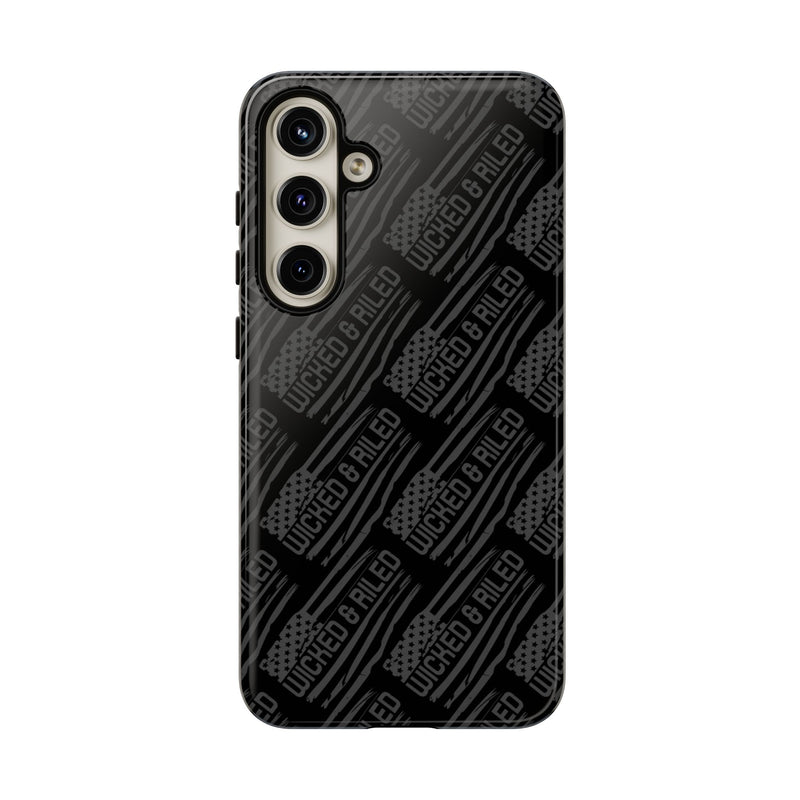 Rugged black protective phone case by Printify featuring a textured TOUGH CASES pattern for enhanced grip and durability.