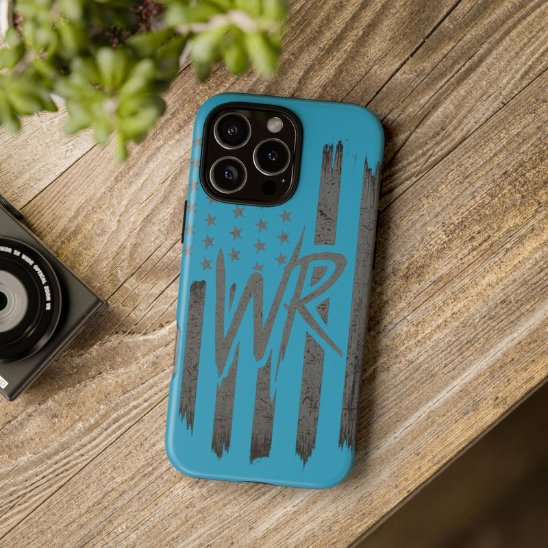 Patriotic blue 'WR' flag tough phone case by Printify, showcasing durable design with American flag theme.