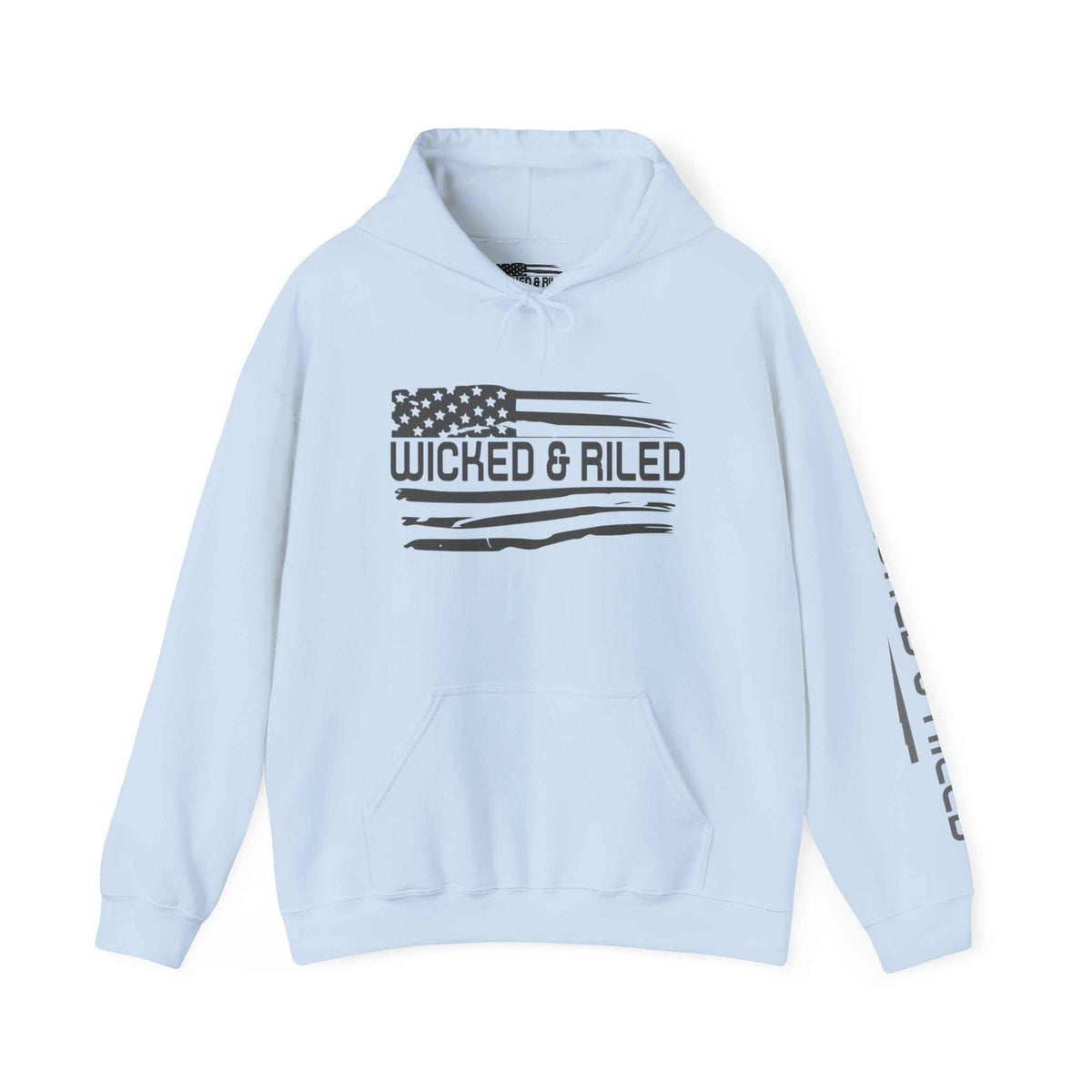 Distressed American logo on a Wicked & Riled pullover hoodie in a casual setting, showcasing its unique design.