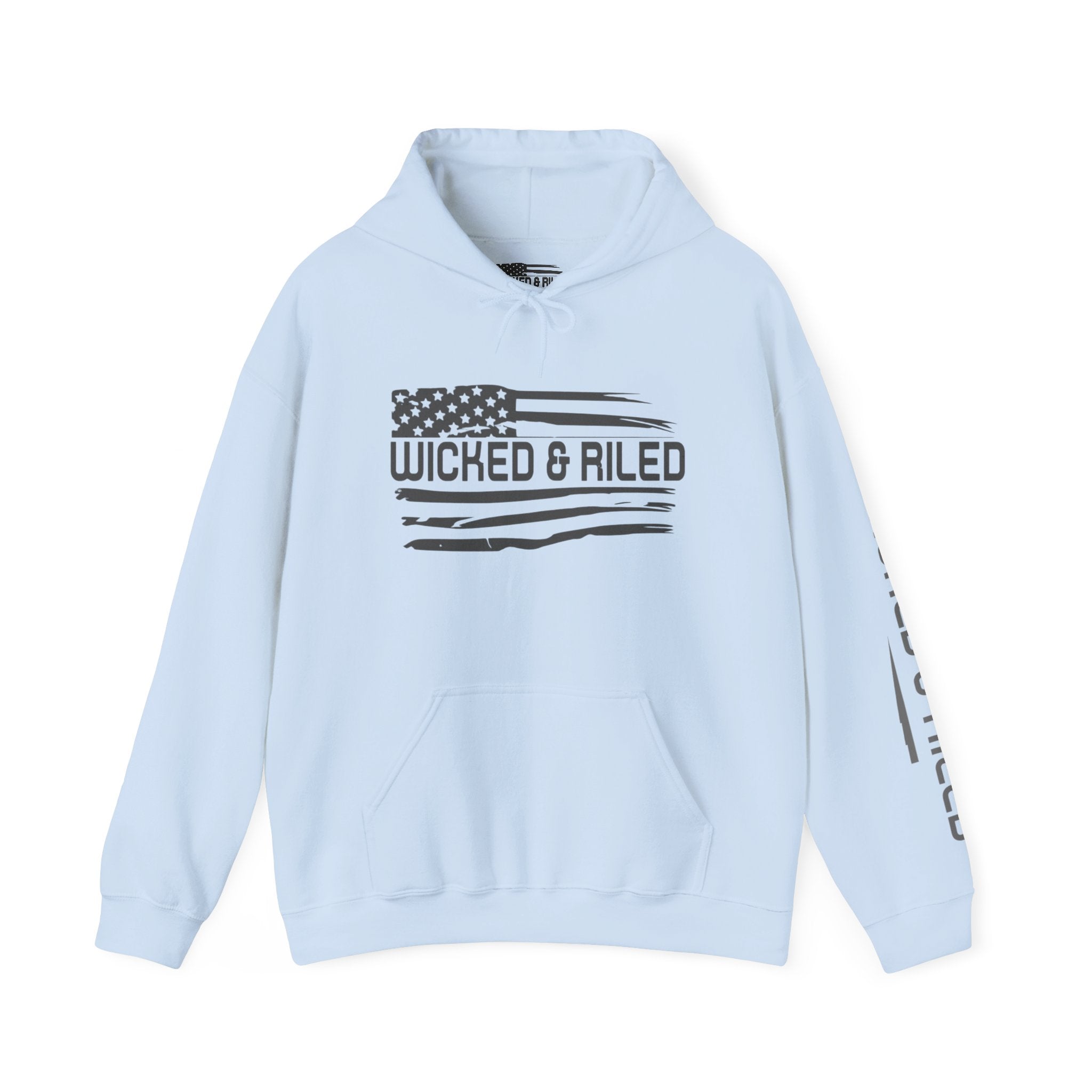 Wicked & Riled Flag Hoodie — Distressed American Logo Pullover
