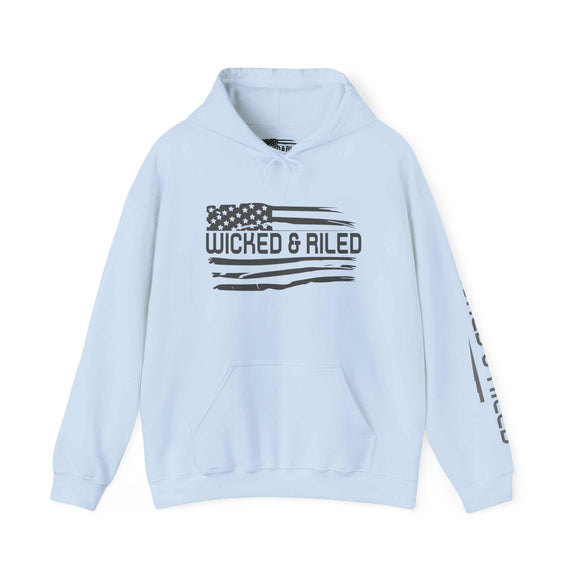 Distressed American logo on a Wicked & Riled pullover hoodie in a casual setting, showcasing its unique design.