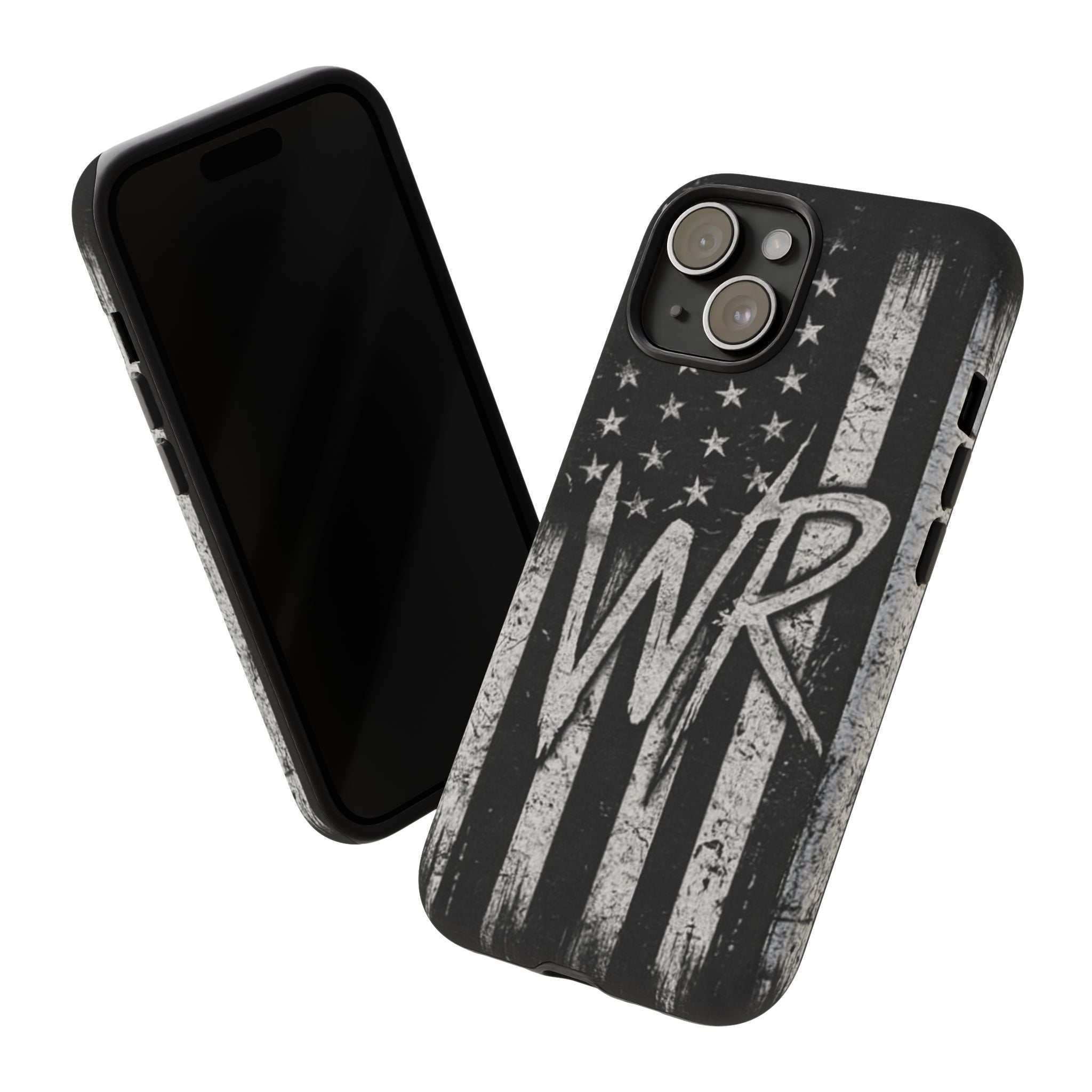 Distressed American flag phone case featuring WR monogram design by Printify, perfect for patriotic style.