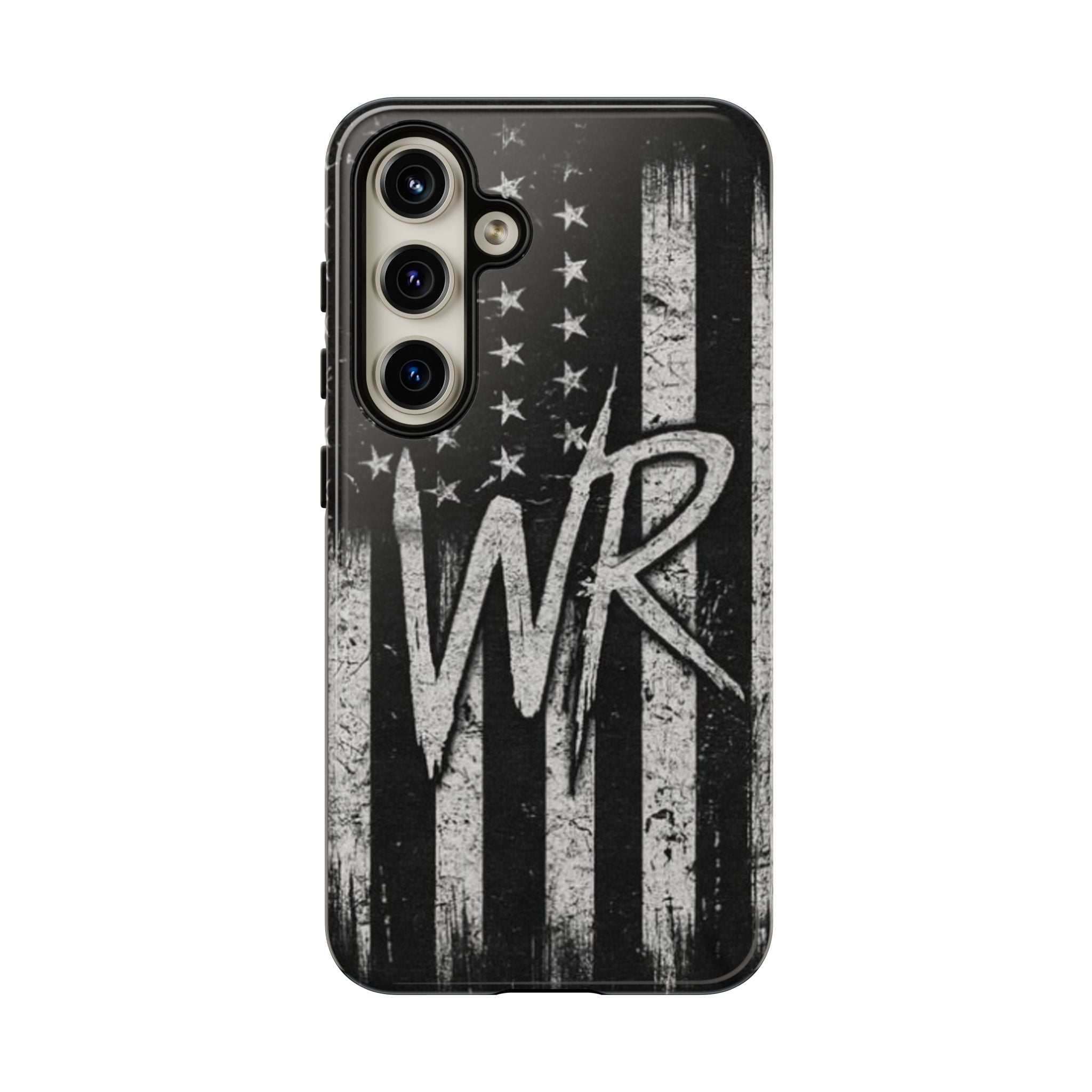 Distressed American flag phone case by Printify featuring a personalized monogram "WR".