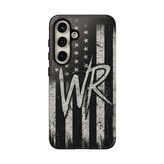 Distressed American flag phone case by Printify featuring a personalized monogram "WR".