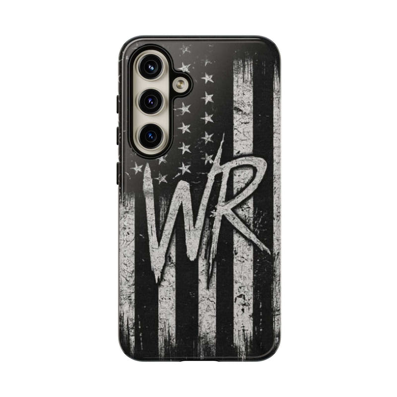 Distressed American flag phone case by Printify featuring a personalized monogram "WR".