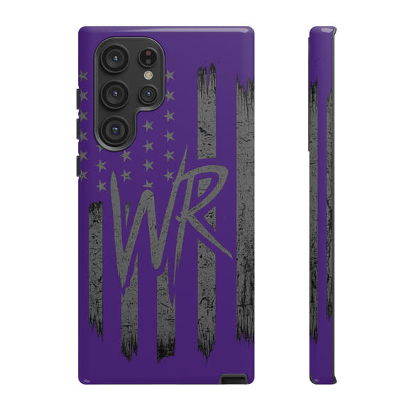 Purple 'WR' flag tough phone case by Printify with durable design and vibrant colors displayed on a neutral background.