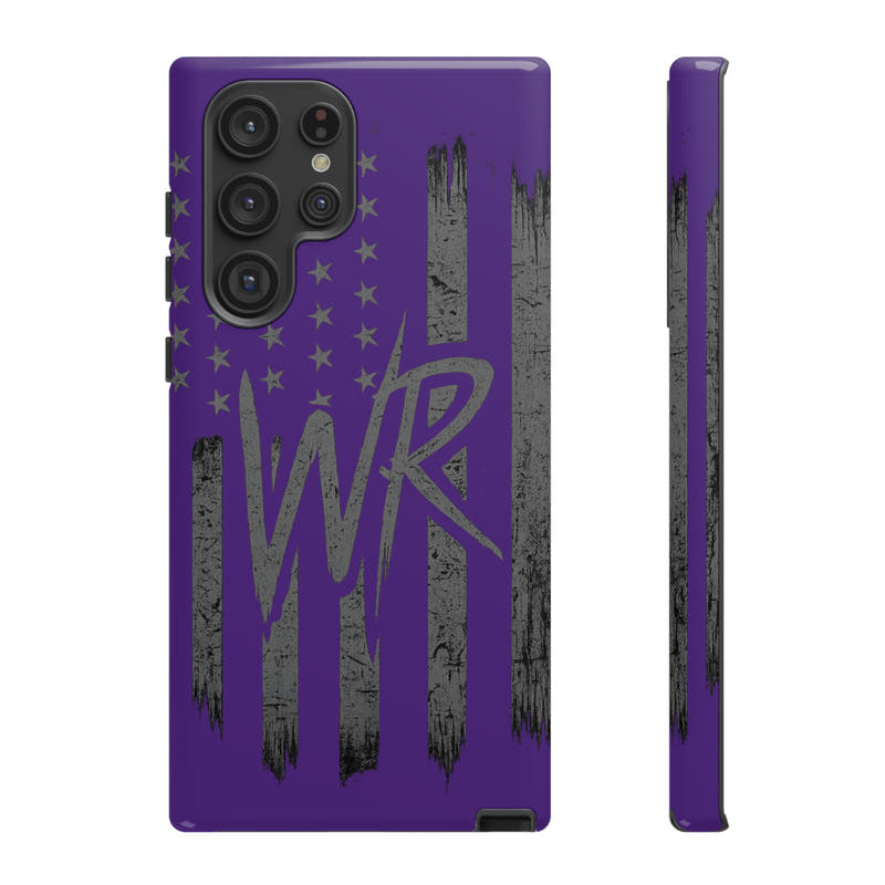 Purple 'WR' flag tough phone case by Printify with durable design and vibrant colors displayed on a neutral background.