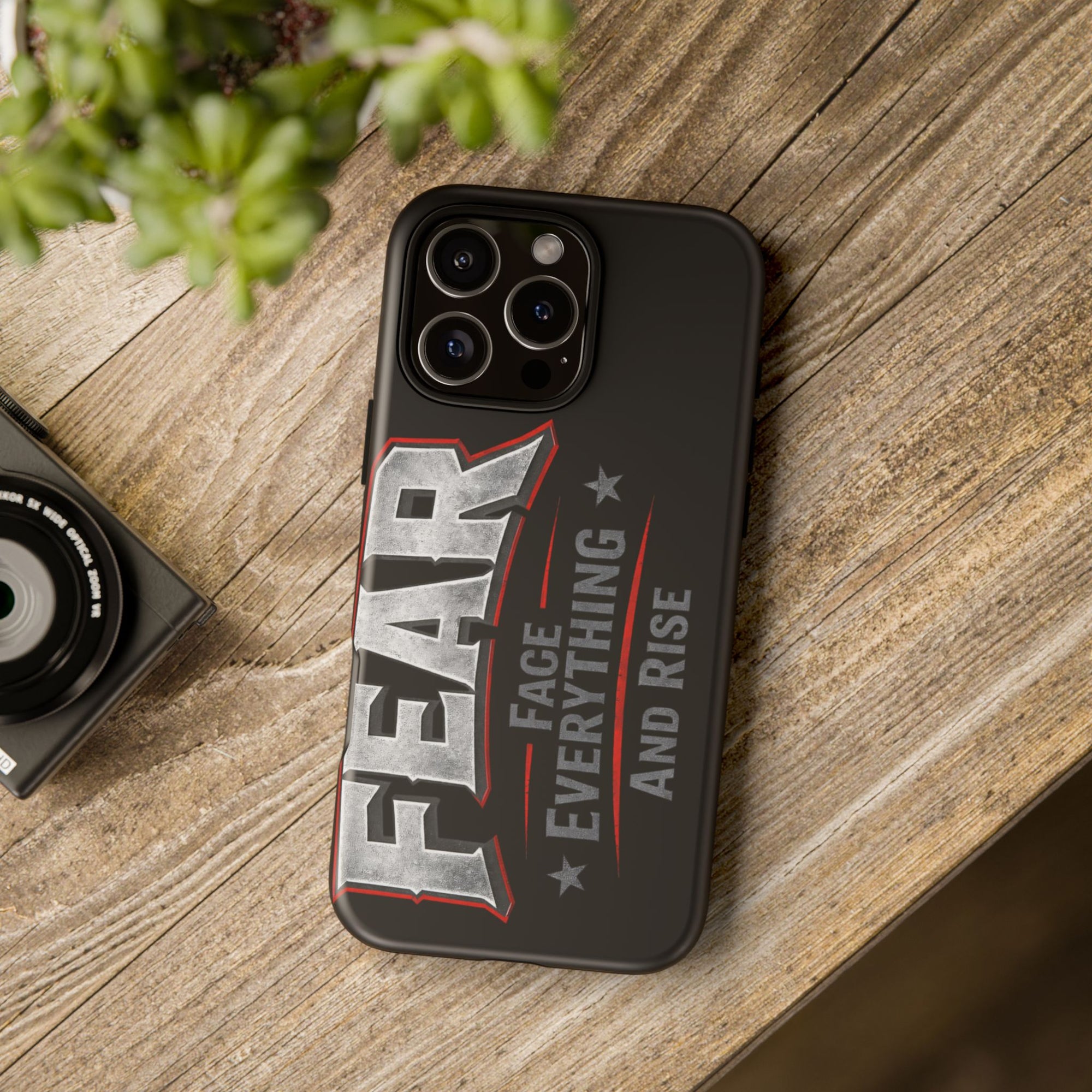 Fear Face Everything and Rise Phone Case by Printify featuring a bold graphic design on a sleek protective case.