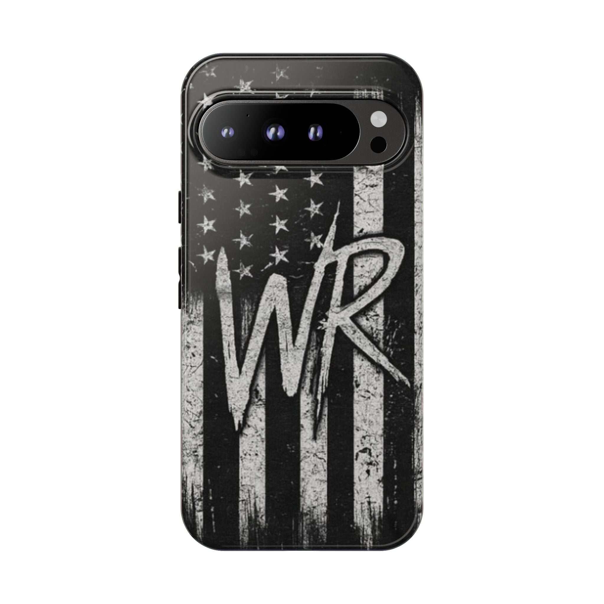 Patriotic monogram phone case featuring a distressed American flag design and the initials WR by Printify.