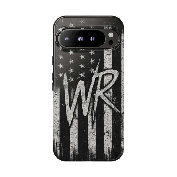 Patriotic monogram phone case featuring a distressed American flag design and the initials WR by Printify.