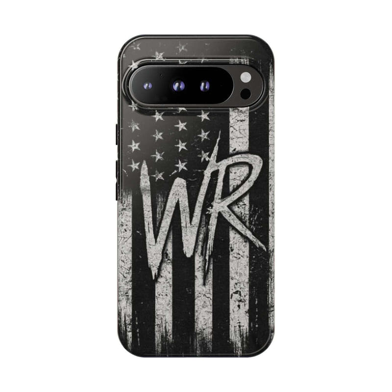 Patriotic monogram phone case featuring a distressed American flag design and the initials WR by Printify.