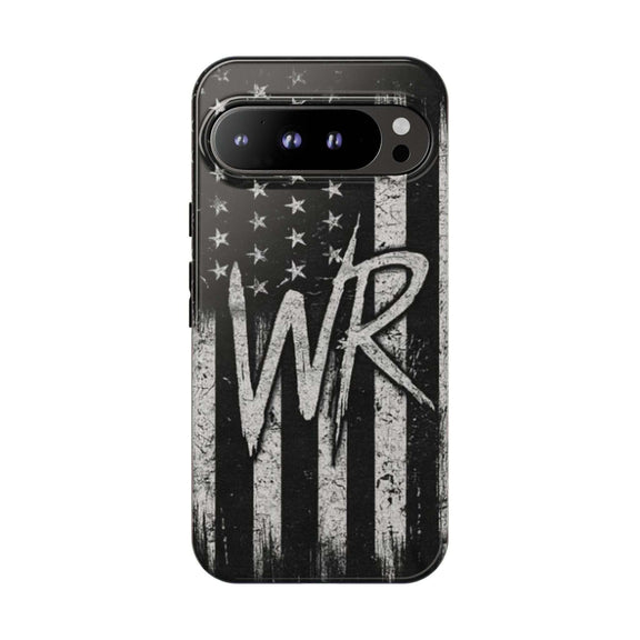 Patriotic monogram phone case featuring a distressed American flag design and the initials WR by Printify.