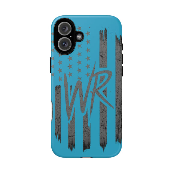 Patriotic blue 'WR' flag tough phone case by Printify, showcasing a durable design with vibrant colors and flag pattern.