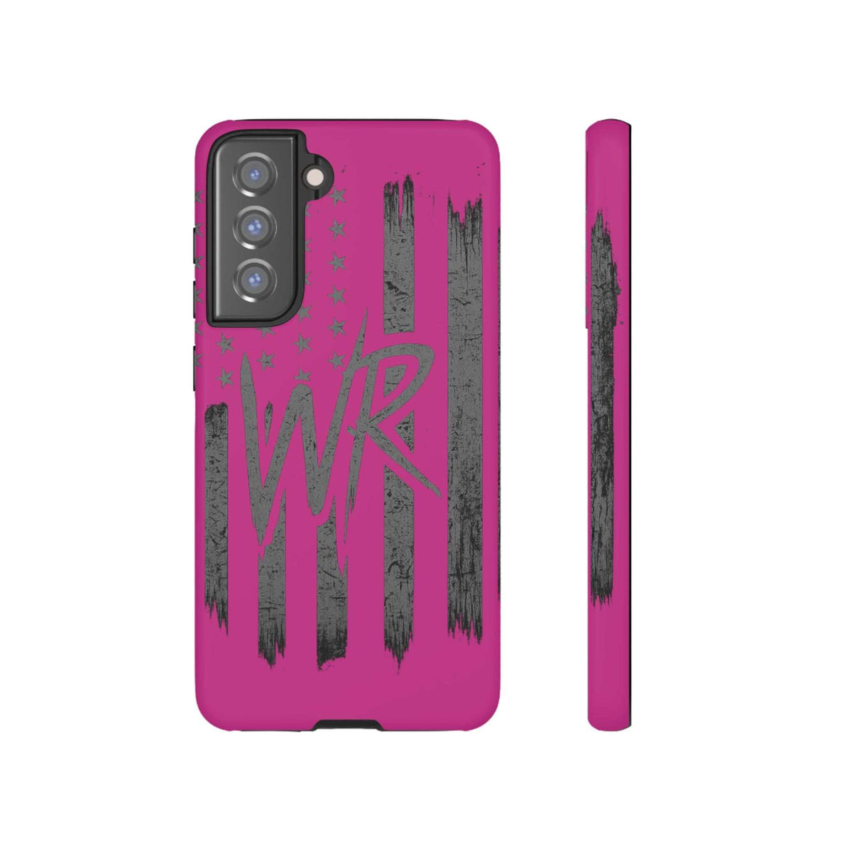 Pink 'WR' Flag Tough Phone Case by Printify with a durable design and vibrant flag pattern on a smartphone.