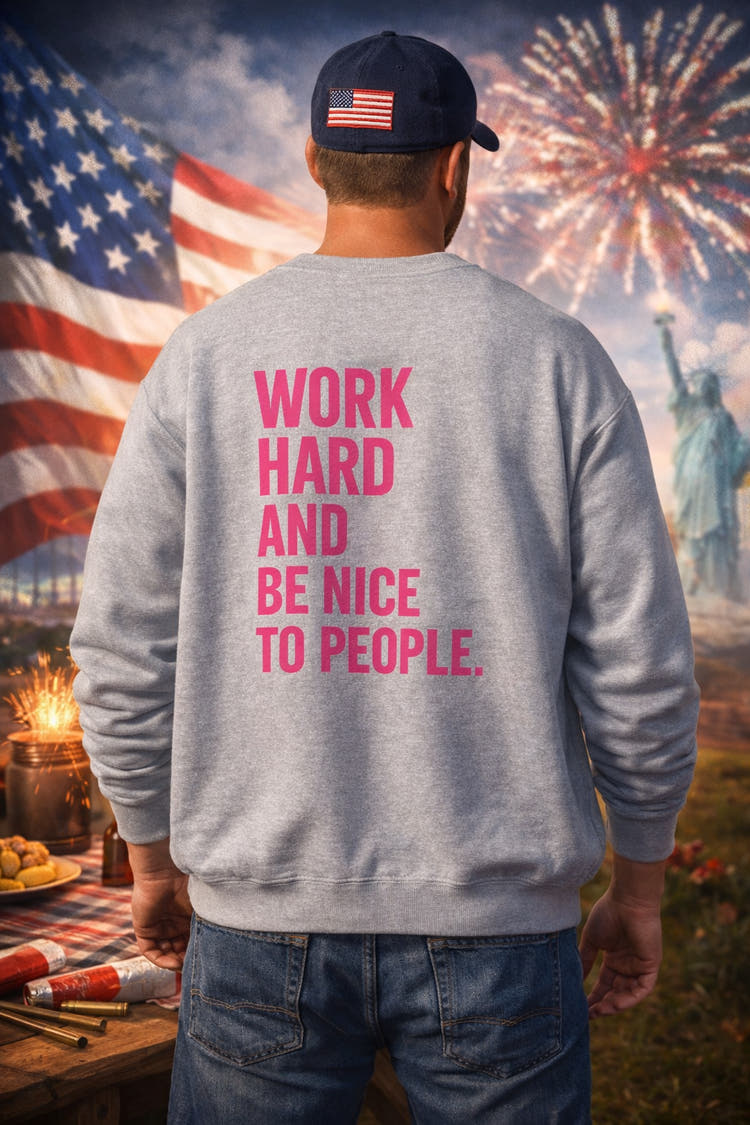 Crewneck sweatshirt with distressed flag, bold WR monogram and "Work Hard and Be Nice to People" mantra in hot pink on back